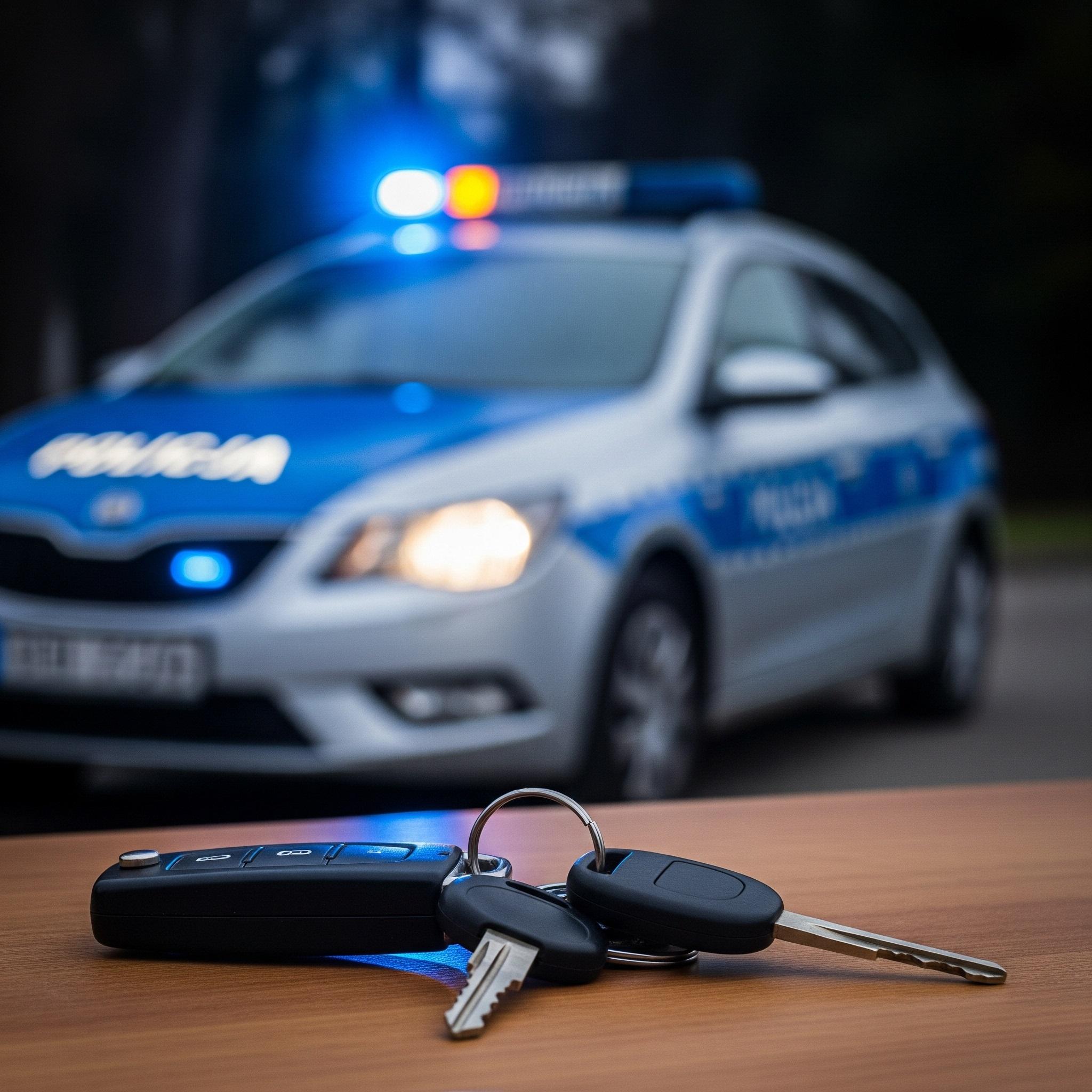Kluczyki samochodowe leżące na stole, w tle radiowóz policyjny.